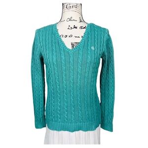 Lauren Ralph Lauren Teal Cable-Knit V-Neck Sweater